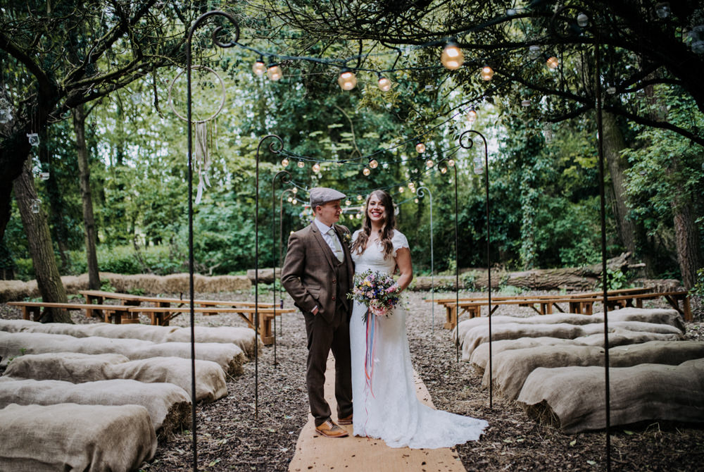 Woodland Ceremony Dreamcatchers Hay Bales Festoon Lights Aisle Hirst Priory Wedding Kazooieloki Photography