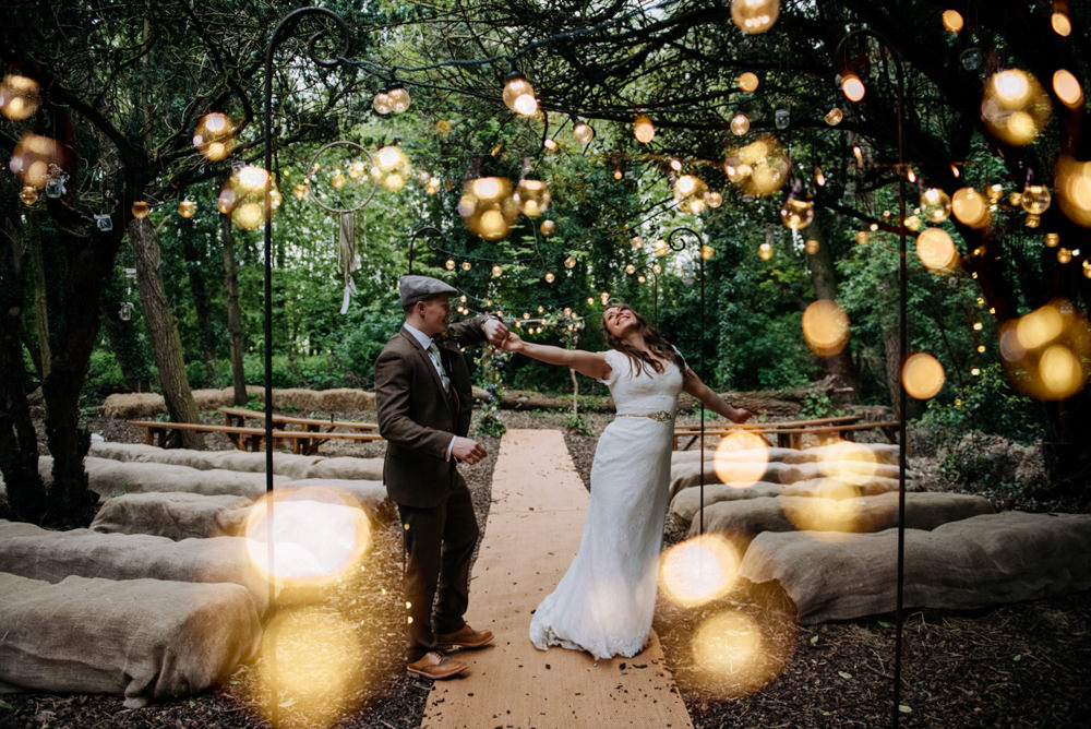 Woodland Ceremony Dreamcatchers Hay Bales Festoon Lights Aisle Hirst Priory Wedding Kazooieloki Photography