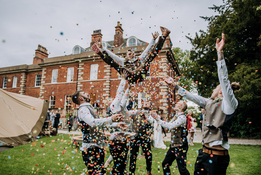 Groom Groomsmen Waistcoats Flat Cap Brown Tweed Suit Confetti Hirst Priory Wedding Kazooieloki Photography