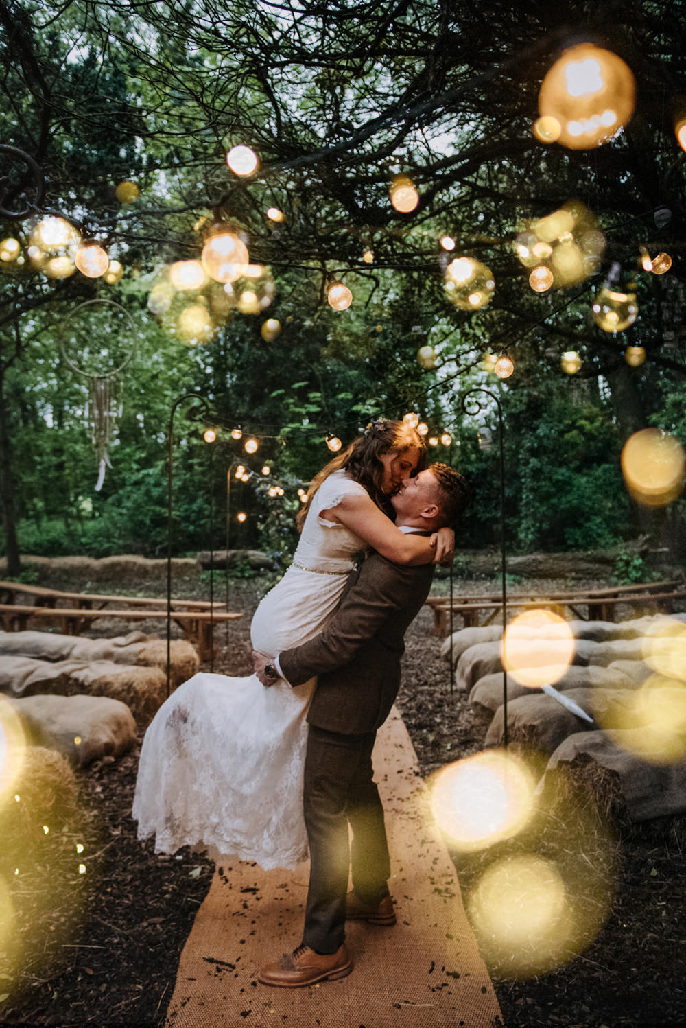 Woodland Ceremony Dreamcatchers Hay Bales Festoon Lights Aisle Hirst Priory Wedding Kazooieloki Photography