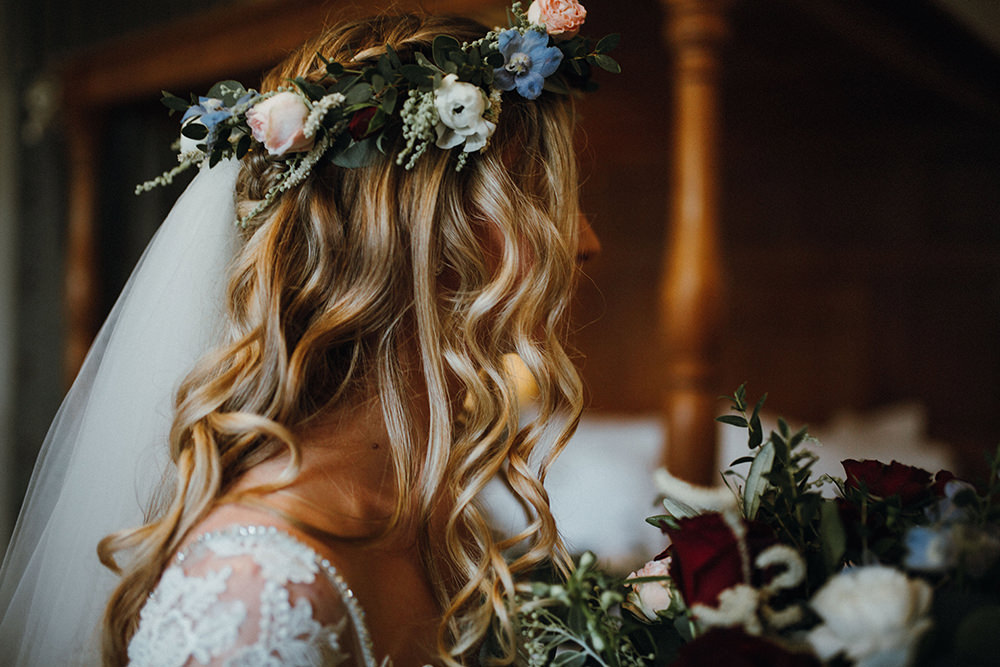 Bride Bridal Loose Waves Flower Crown Veil Inn on the Lake Wedding Leah Lombardi Weddings