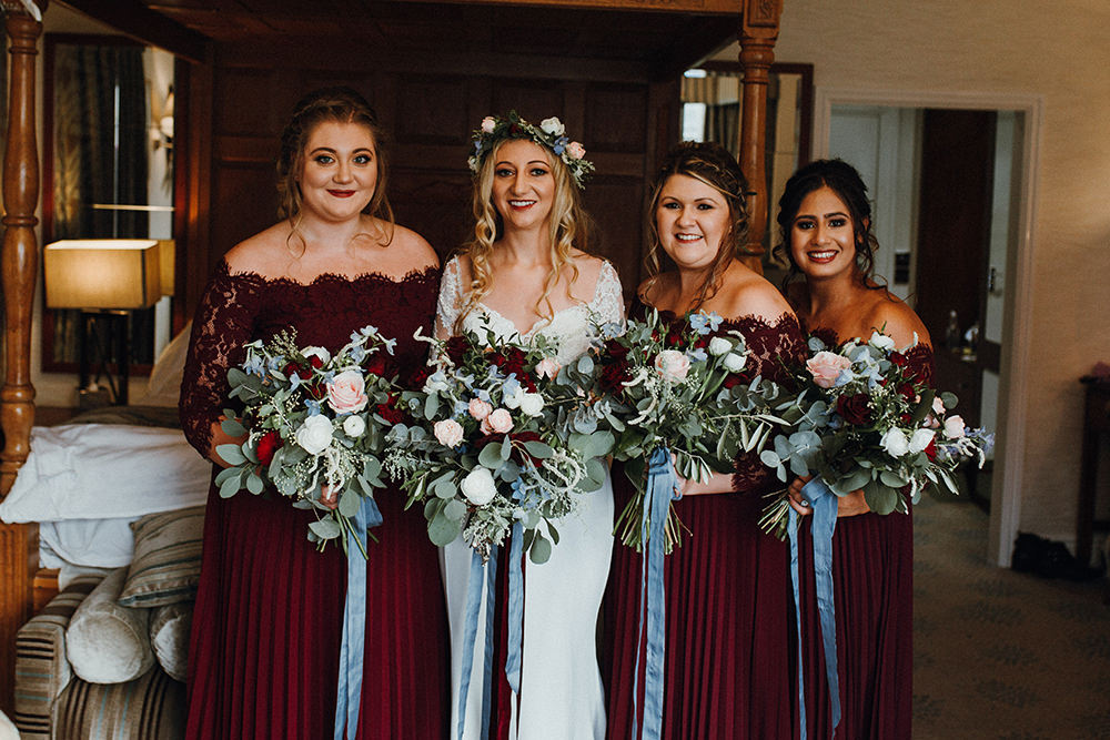 Bride Bridal Long Sleeve Lace Enzoani Dress Gown Bardot Burgundy Bridesmaids Bouquet Inn on the Lake Wedding Leah Lombardi Weddings