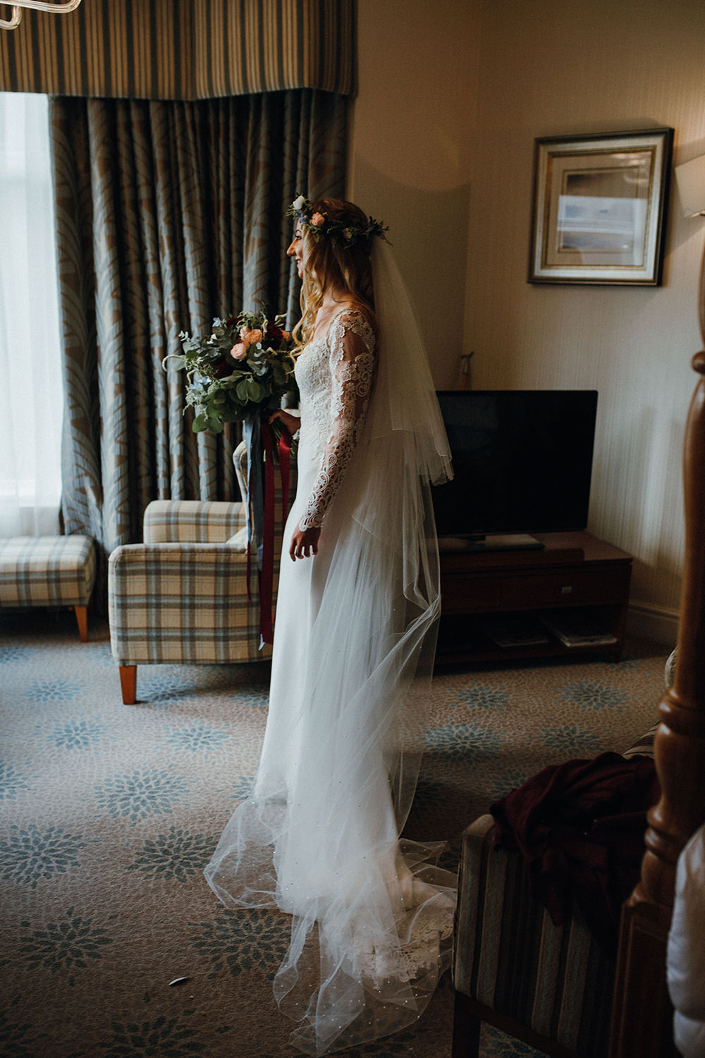 Bride Bridal Long Sleeve Lace Dress Gown Flower Crown Veil Bouquet Inn on the Lake Wedding Leah Lombardi Weddings