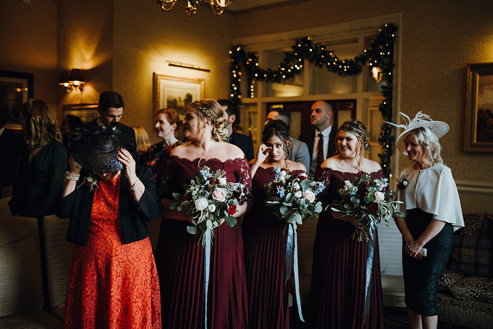 Burgundy Dress Pleats Bardot Bridesmaids Inn on the Lake Wedding Leah Lombardi Weddings