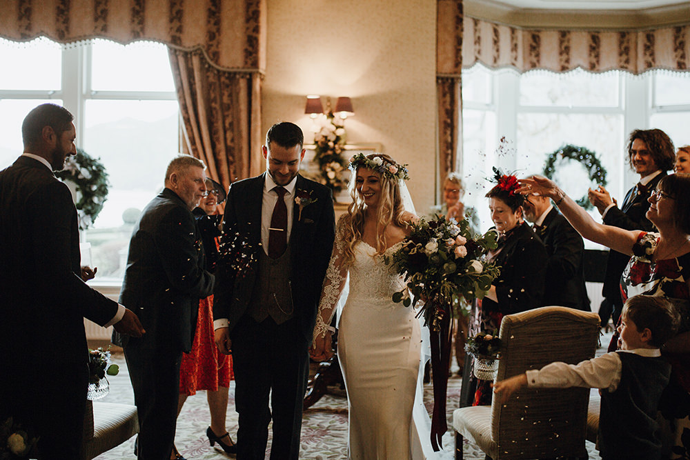 Bride Bridal Sweetheart Neckline Lace Long Sleeve Flower Crown Three Piece Suit Tweed Waistcoat Groom Confetti Bouquet Inn on the Lake Wedding Leah Lombardi Weddings