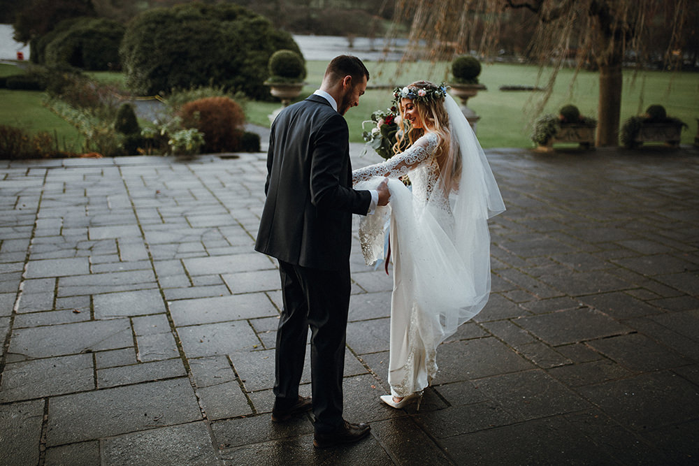Bride Bridal Sweetheart Neckline Lace Long Sleeve Flower Crown Three Piece Suit Tweed Waistcoat Groom Inn on the Lake Wedding Leah Lombardi Weddings