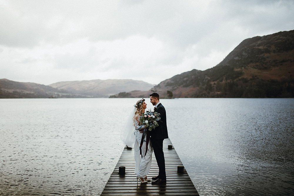 Bride Bridal Sweetheart Neckline Lace Long Sleeve Flower Crown Three Piece Suit Tweed Waistcoat Groom Inn on the Lake Wedding Leah Lombardi Weddings