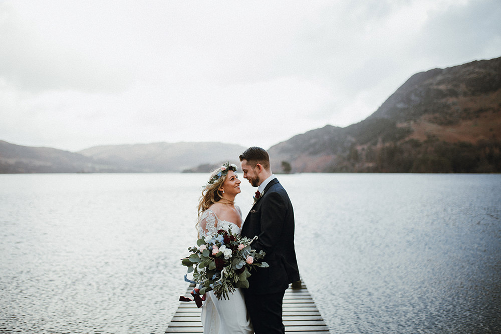 Bride Bridal Sweetheart Neckline Lace Long Sleeve Flower Crown Three Piece Suit Tweed Waistcoat Groom Inn on the Lake Wedding Leah Lombardi Weddings