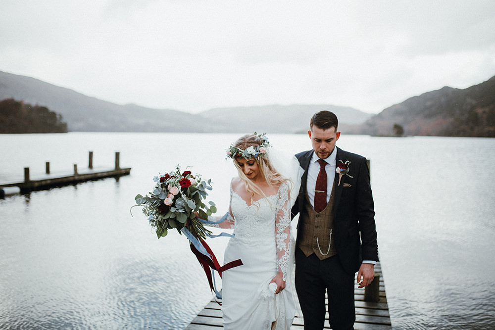 Bride Bridal Sweetheart Neckline Lace Long Sleeve Flower Crown Three Piece Suit Tweed Waistcoat Groom Bouquet Inn on the Lake Wedding Leah Lombardi Weddings