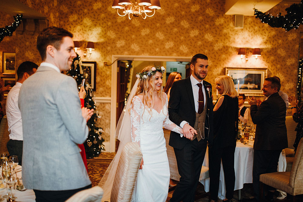 Bride Bridal Sweetheart Neckline Lace Long Sleeve Flower Crown Three Piece Suit Tweed Waistcoat Groom Inn on the Lake Wedding Leah Lombardi Weddings