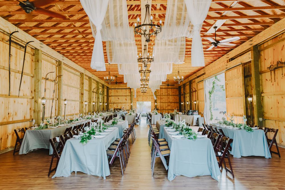 Barn Long Tables Fabric Drapes Decor Decoration Maryland Wedding L. Hewitt Photography