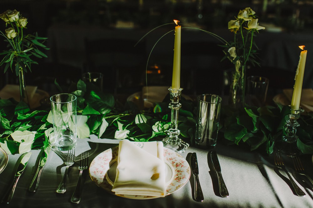 Place Setting China Plates Candles Greenery Maryland Wedding L. Hewitt Photography