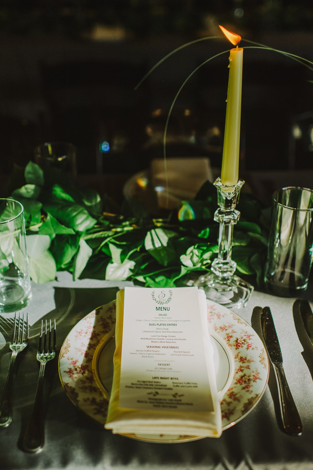 Place Setting China Plates Candles Greenery Maryland Wedding L. Hewitt Photography