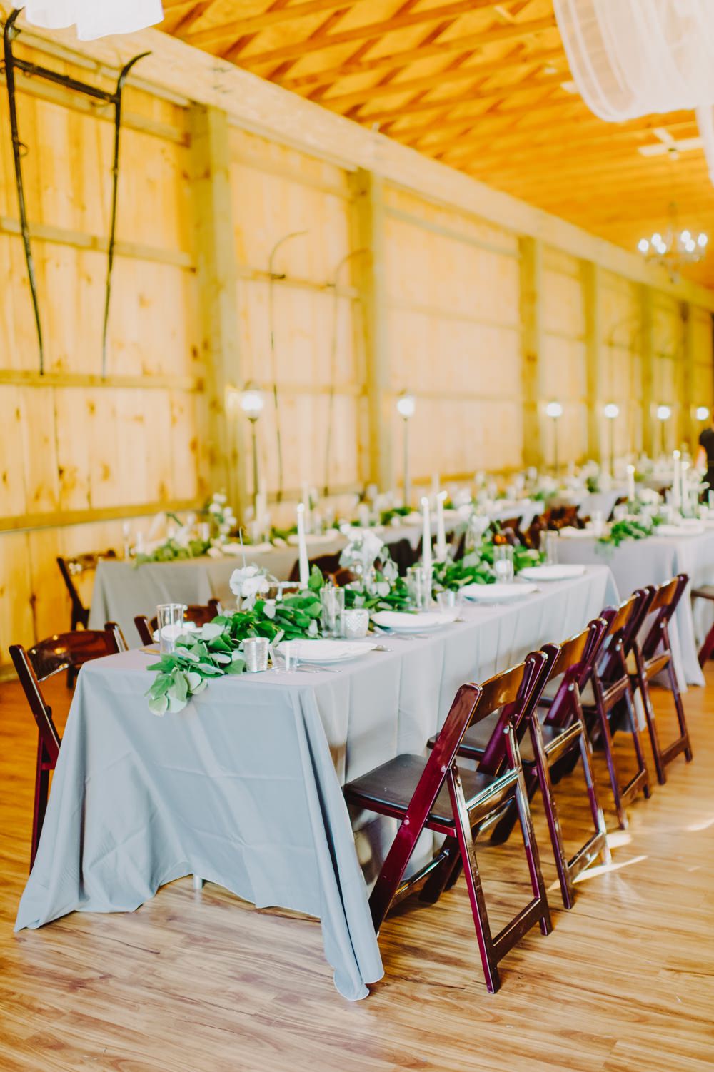 Barn Long Tables Fabric Drapes Decor Decoration Maryland Wedding L. Hewitt Photography