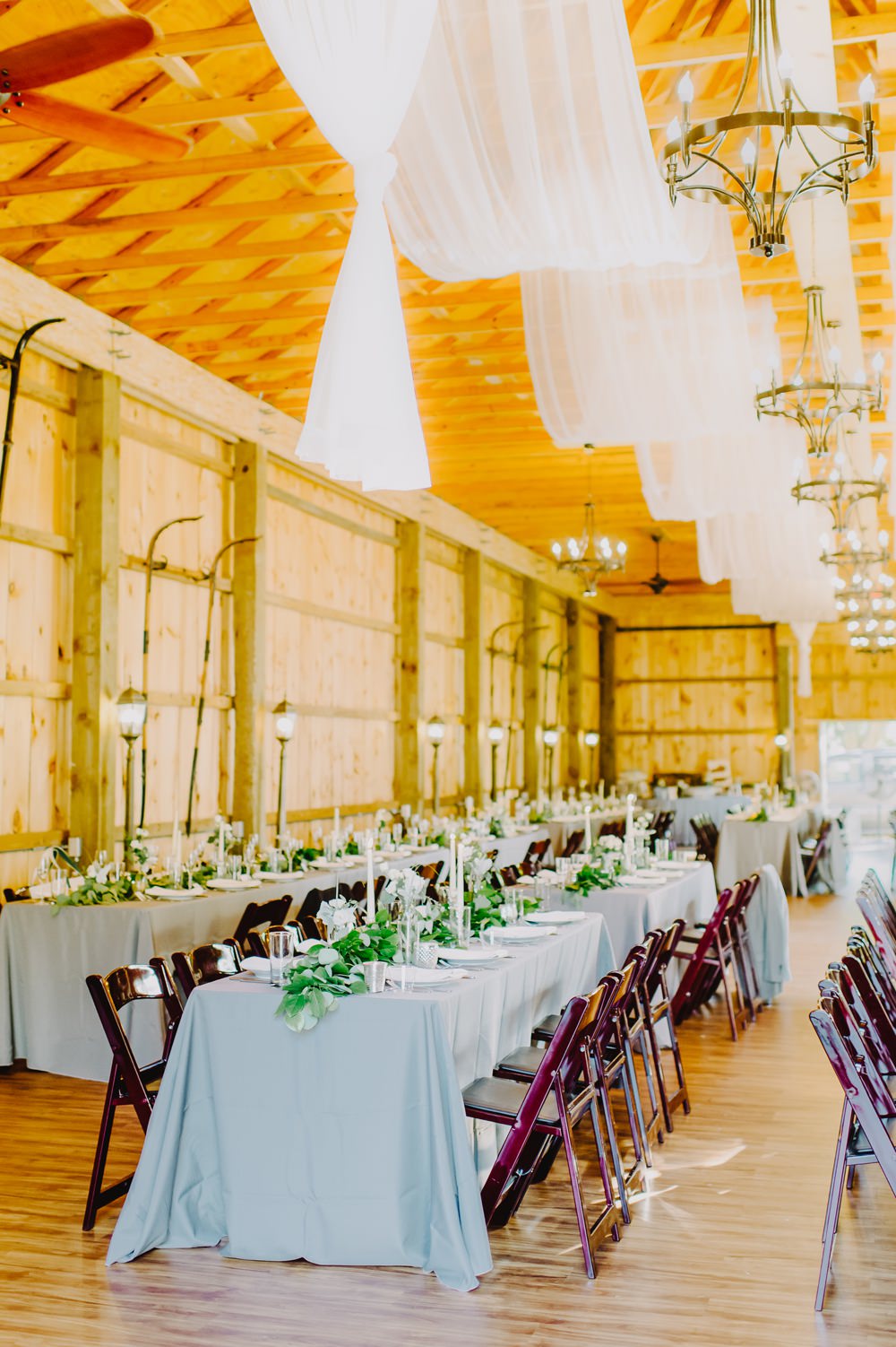 Barn Long Tables Fabric Drapes Decor Decoration Maryland Wedding L. Hewitt Photography