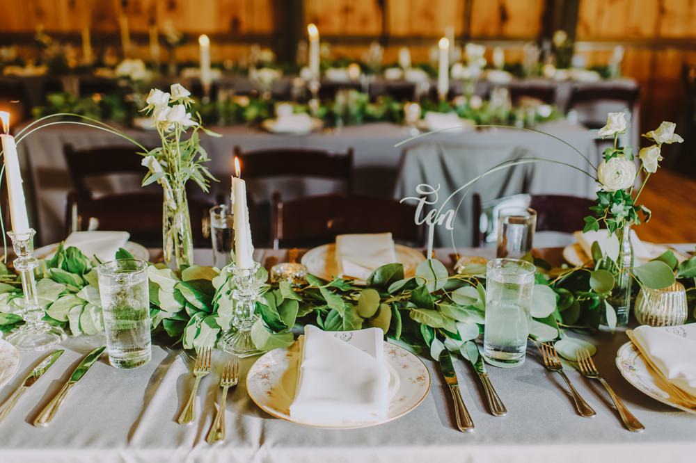 Place Setting China Plates Candles Greenery Maryland Wedding L. Hewitt Photography