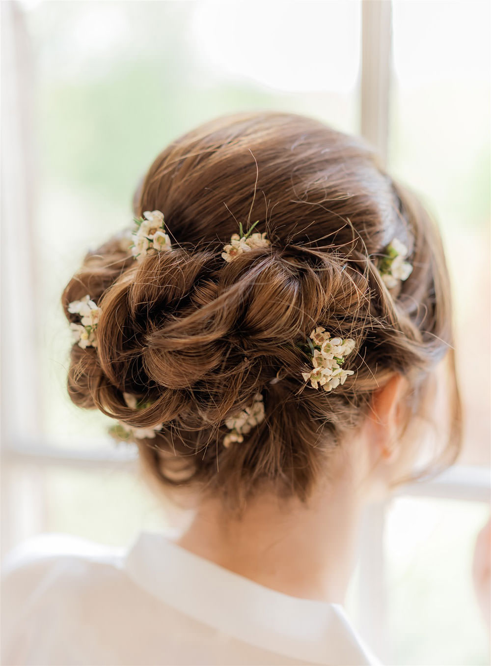 Bride Bridal Hair Style Up Do Pretty Flowers Newton Hall Wedding Carn Patrick Photography