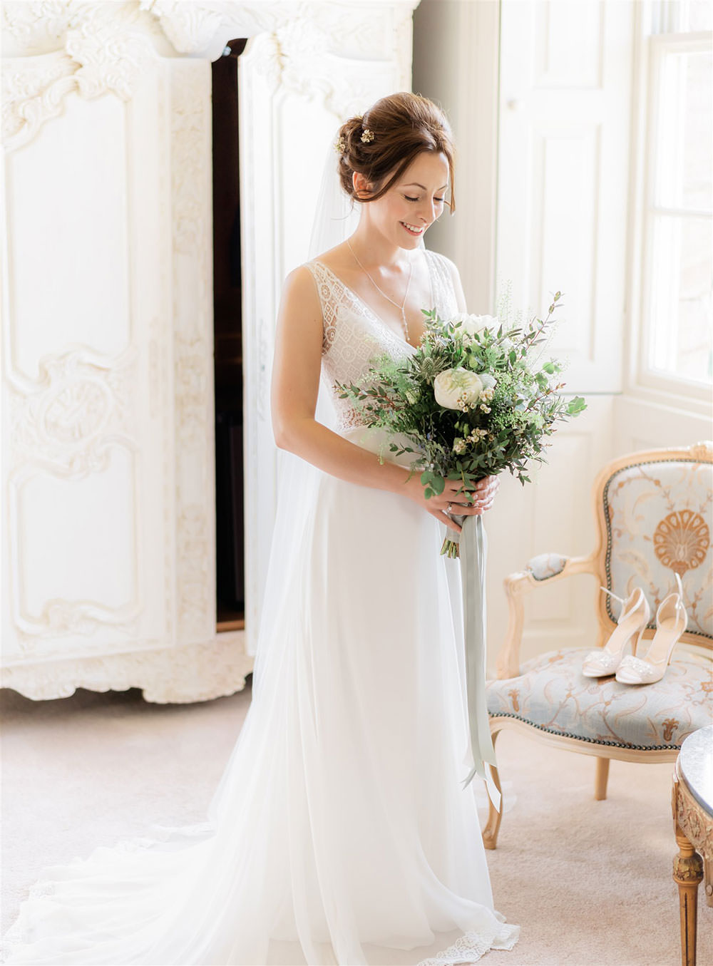 Bride Bridal Dress Gown Rembo Styling Straps Lace Tulle Train Newton Hall Wedding Carn Patrick Photography