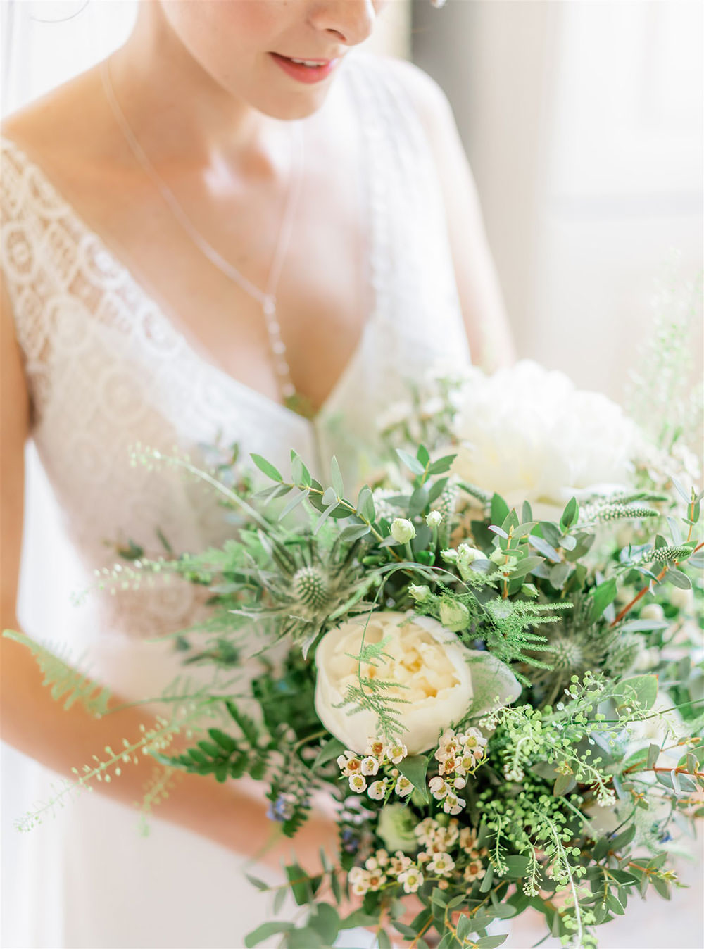 Bride Bridal Bouquet Flowers Greenery Foliage Peony Wax Flower Eucalyptus Newton Hall Wedding Carn Patrick Photography