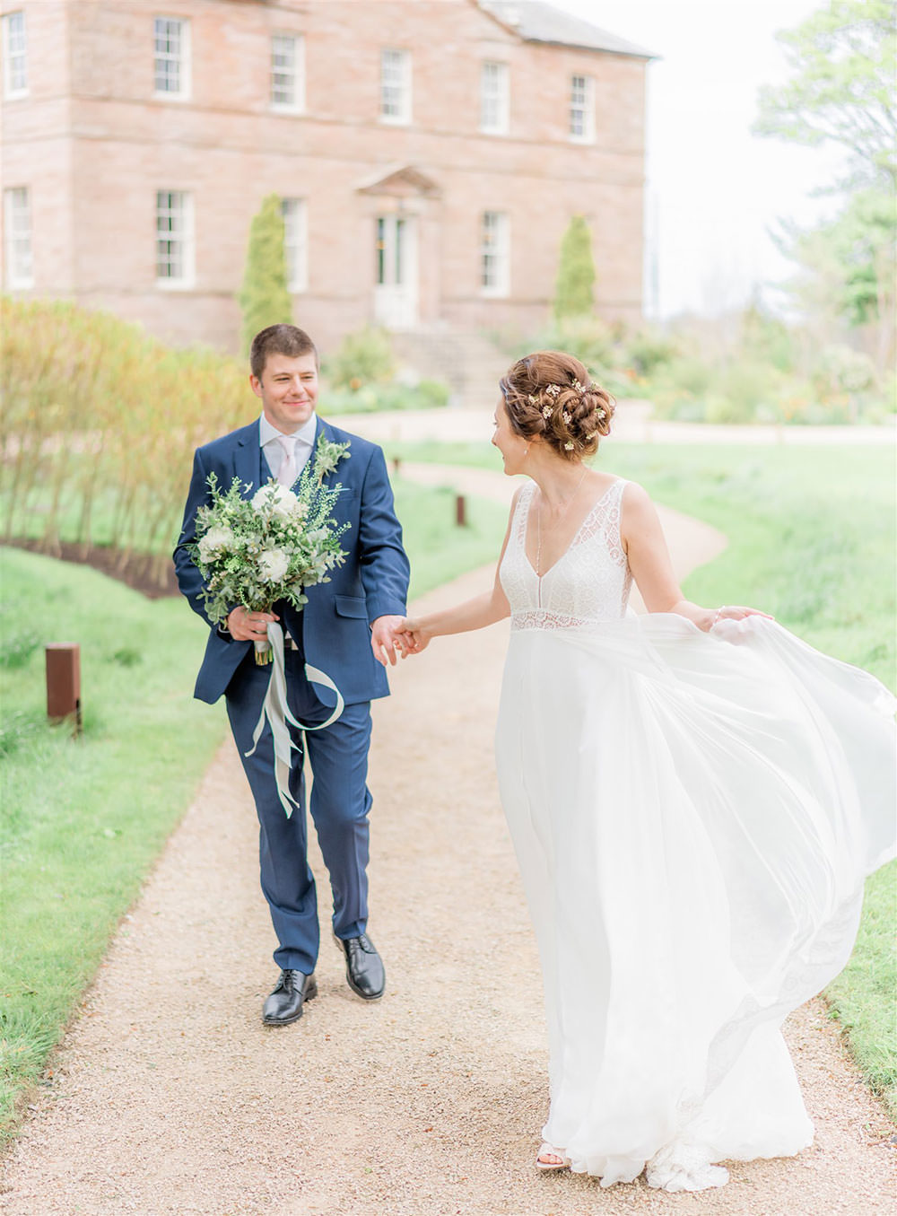 Bride Bridal Dress Gown Rembo Styling Straps Lace Tulle Train Newton Hall Wedding Carn Patrick Photography