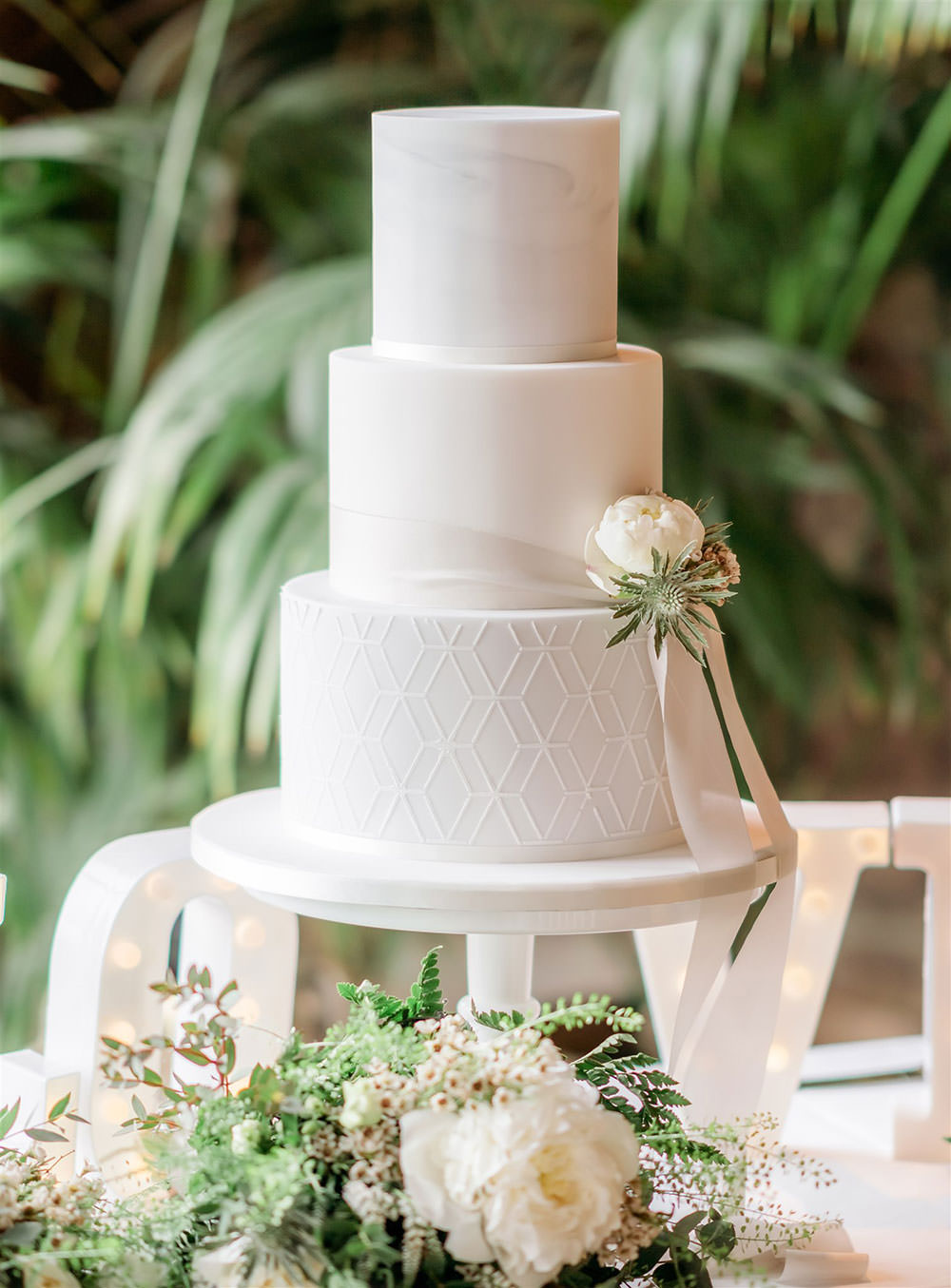 Geometric Cake Icing Grey Marble Ribbon Flowers Newton Hall Wedding Carn Patrick Photography