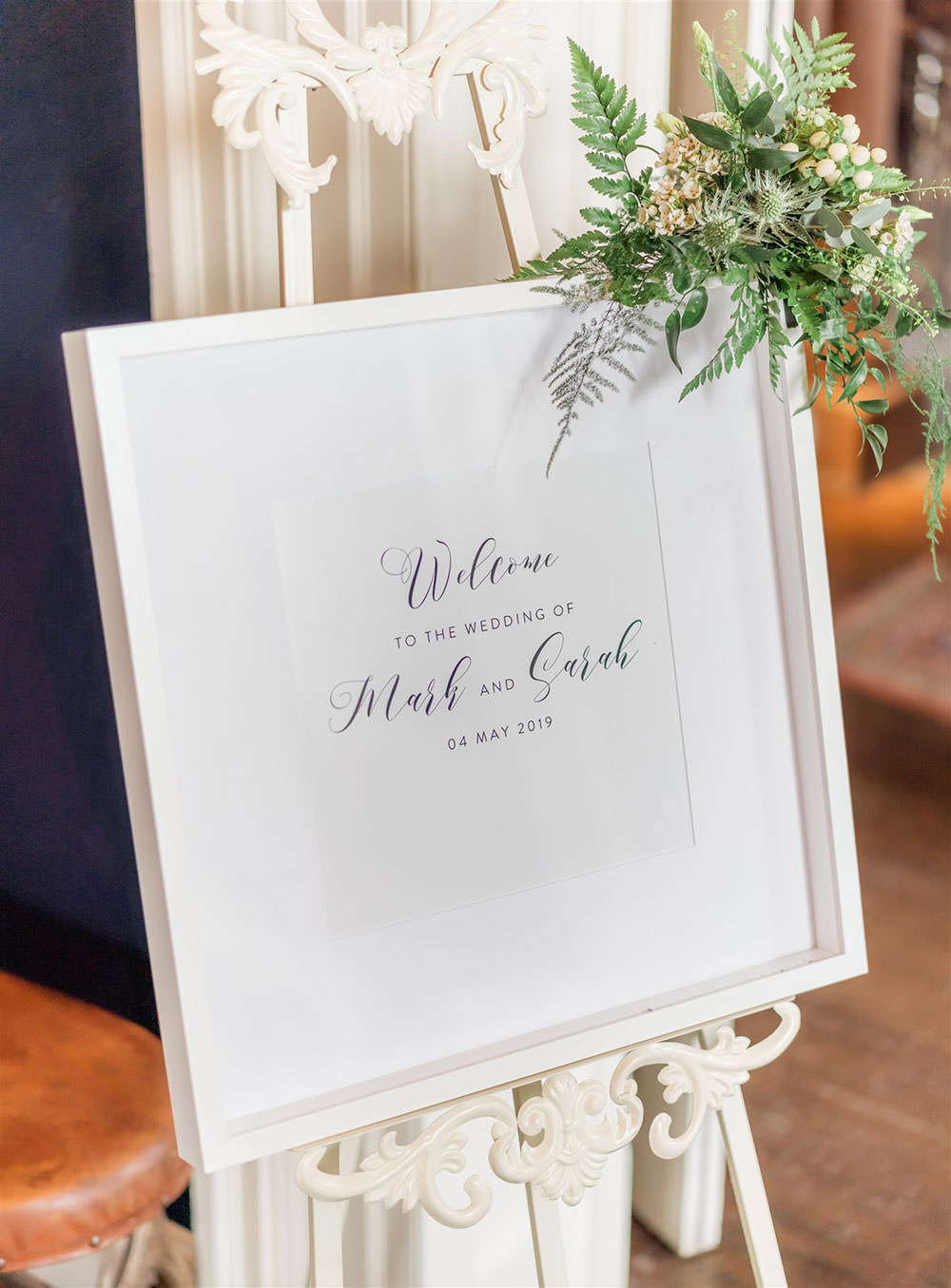 Welcome Sign Signs Signage Calligraphy Greenery Foliage Newton Hall Wedding Carn Patrick Photography