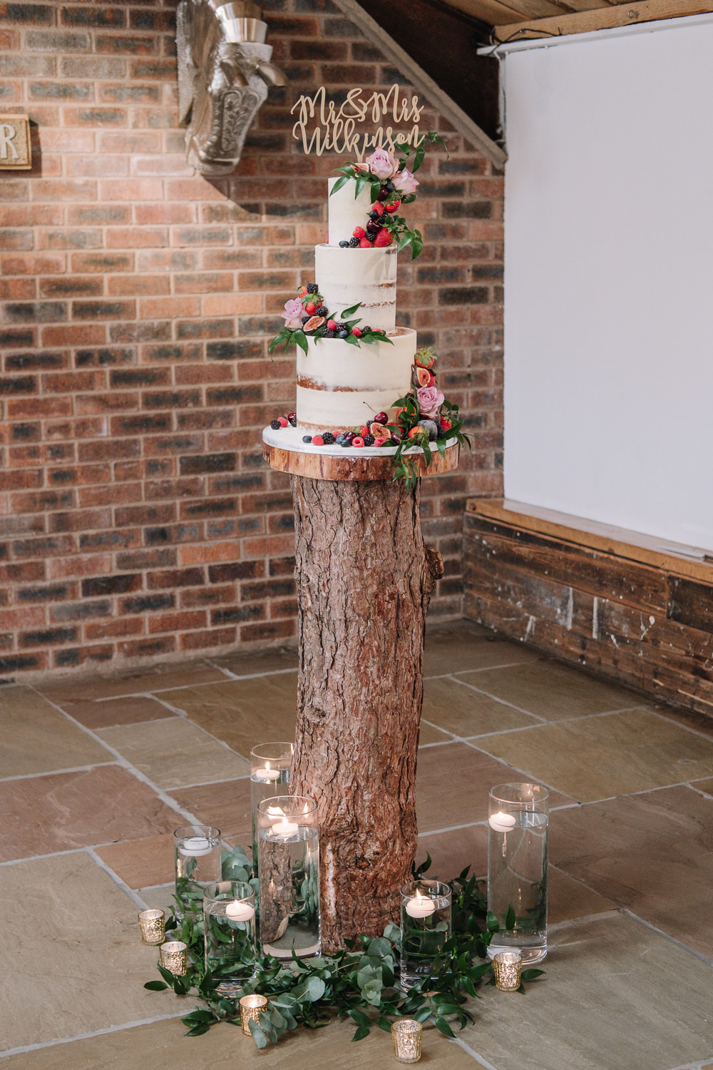 Tree Branch Log Cake Stand Candles Table Owen House Wedding Barn Nessworthy Photography