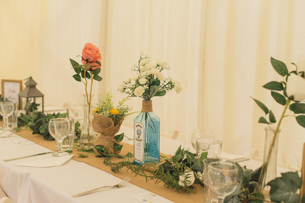 Hessian Greenery Foliage Tables Decor Bottle Flowers Rye Wedding Rebecca Douglas Photography