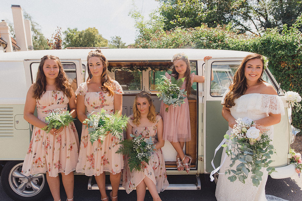 Bridesmaid Bridesmaids Dress Dresses Pink Floral VW Campervan Rye Wedding Rebecca Douglas Photography