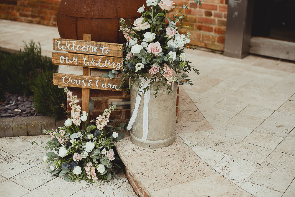 Welcome Sign Signs Signpost Milk Church Flowers Southwood Hall Norfolk Wedding Georgia Rachael Photography