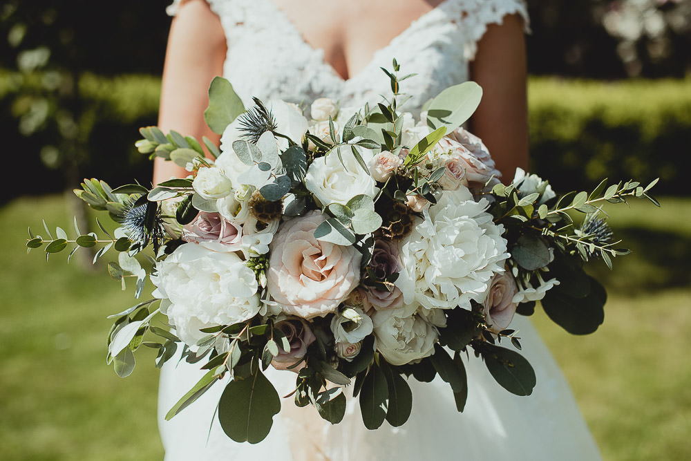 Bouquet Flowers Bride Bridal White Peony Rose Thistle Greenery Southwood Hall Norfolk Wedding Georgia Rachael Photography
