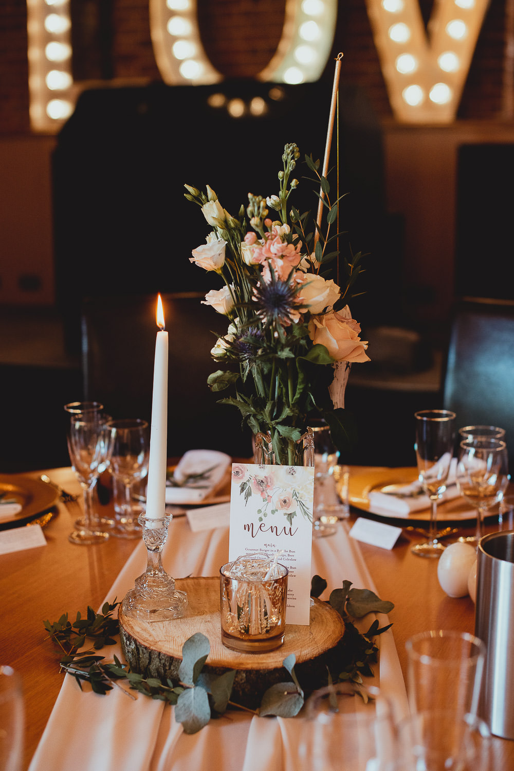 Table Flowers Centrepiece Decor Log Slice Silk Runner Candle Southwood Hall Norfolk Wedding Georgia Rachael Photography