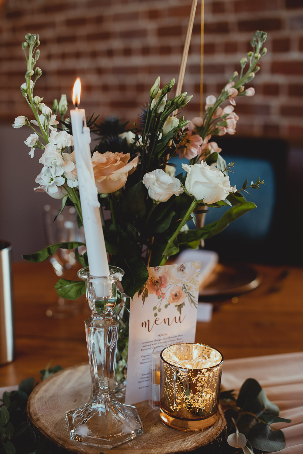 Table Flowers Centrepiece Decor Log Slice Silk Runner Candle Southwood Hall Norfolk Wedding Georgia Rachael Photography