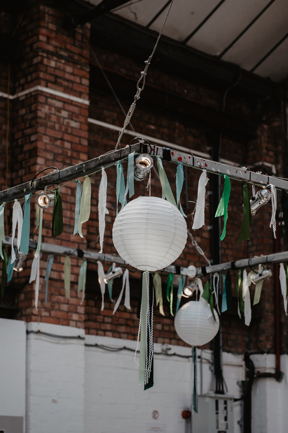 Green Ribbon Rag Bunting Lanterns Stour Space Wedding Anne Schwarz Photography