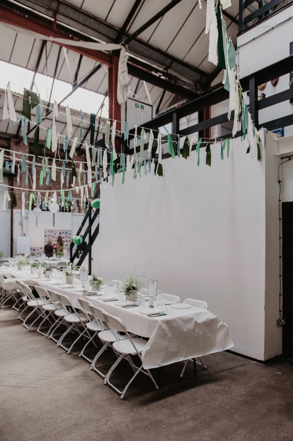 Green Ribbon Rag Bunting Long Tables Stour Space Wedding Anne Schwarz Photography