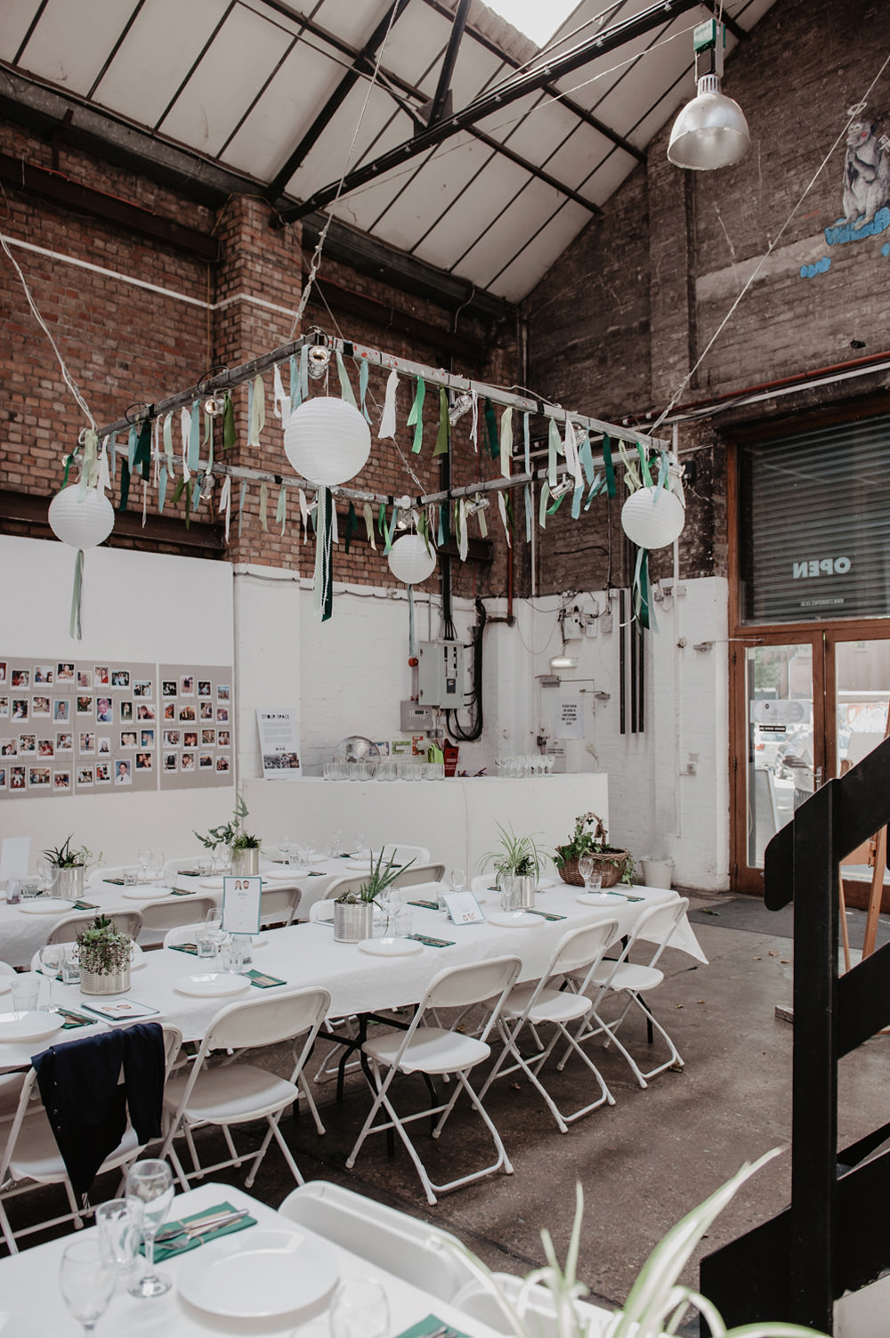Green Ribbon Rag Bunting Lanterns Stour Space Wedding Anne Schwarz Photography