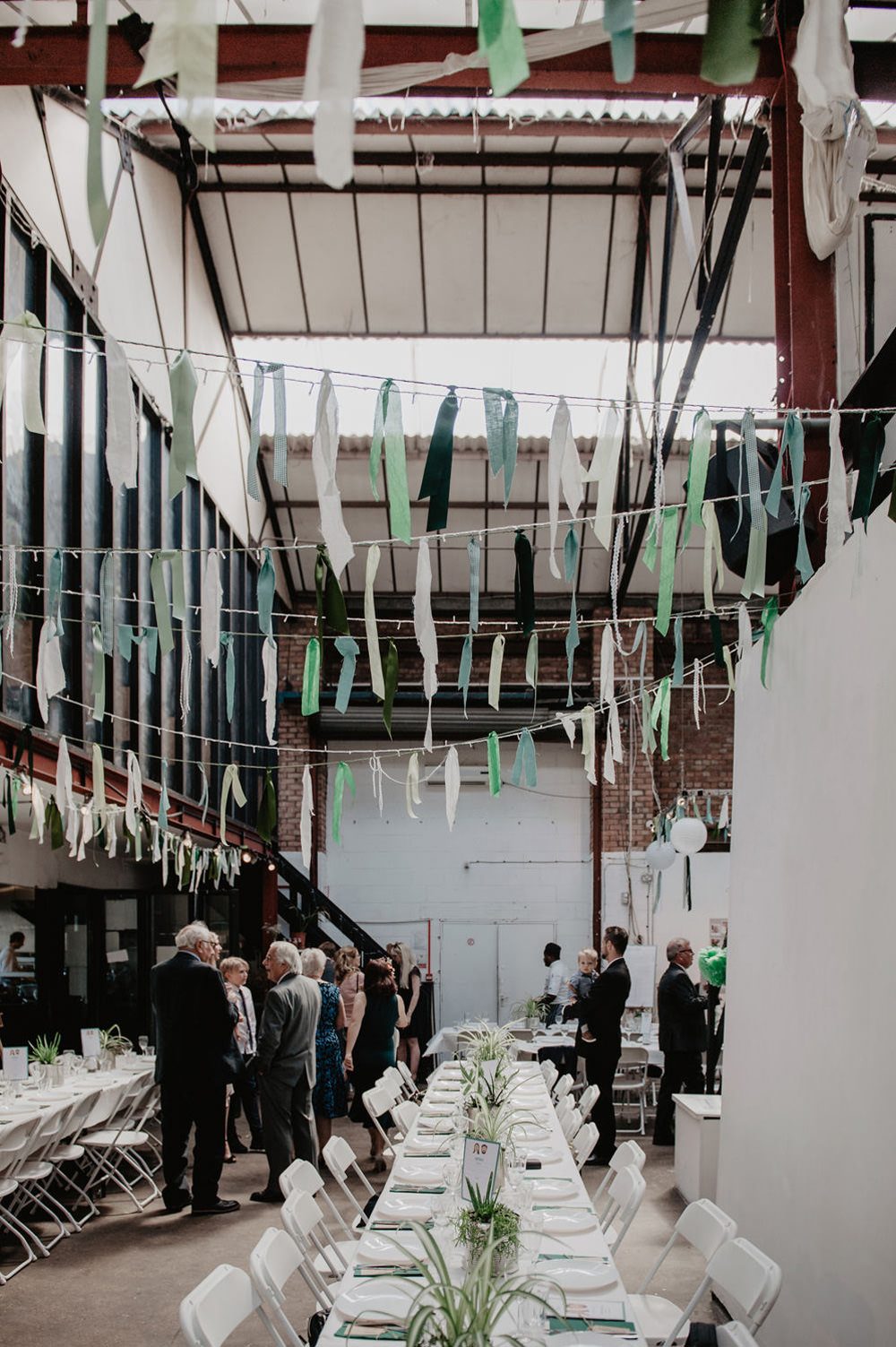 Green Ribbon Rag Bunting Lanterns Stour Space Wedding Anne Schwarz Photography