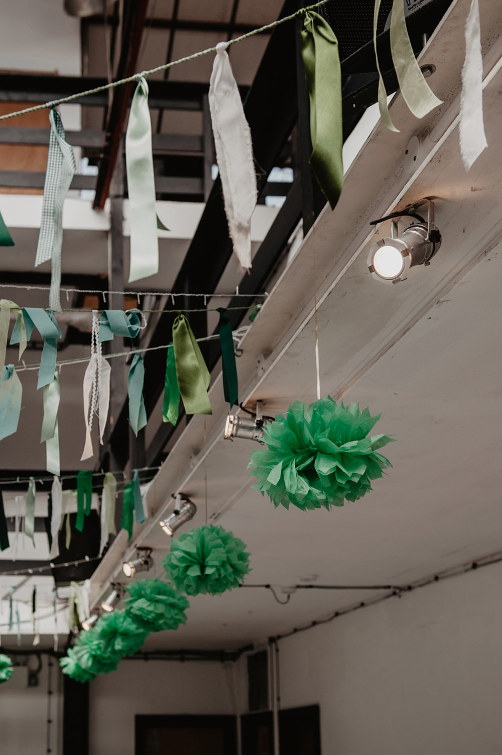 Green Ribbon Rag Bunting Pom Poms Stour Space Wedding Anne Schwarz Photography