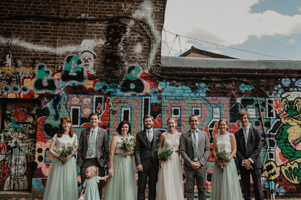 Bridesmaids Bridesmaid Green Skirts Tops Groomsmen Grey Suits Ties Stour Space Wedding Anne Schwarz Photography
