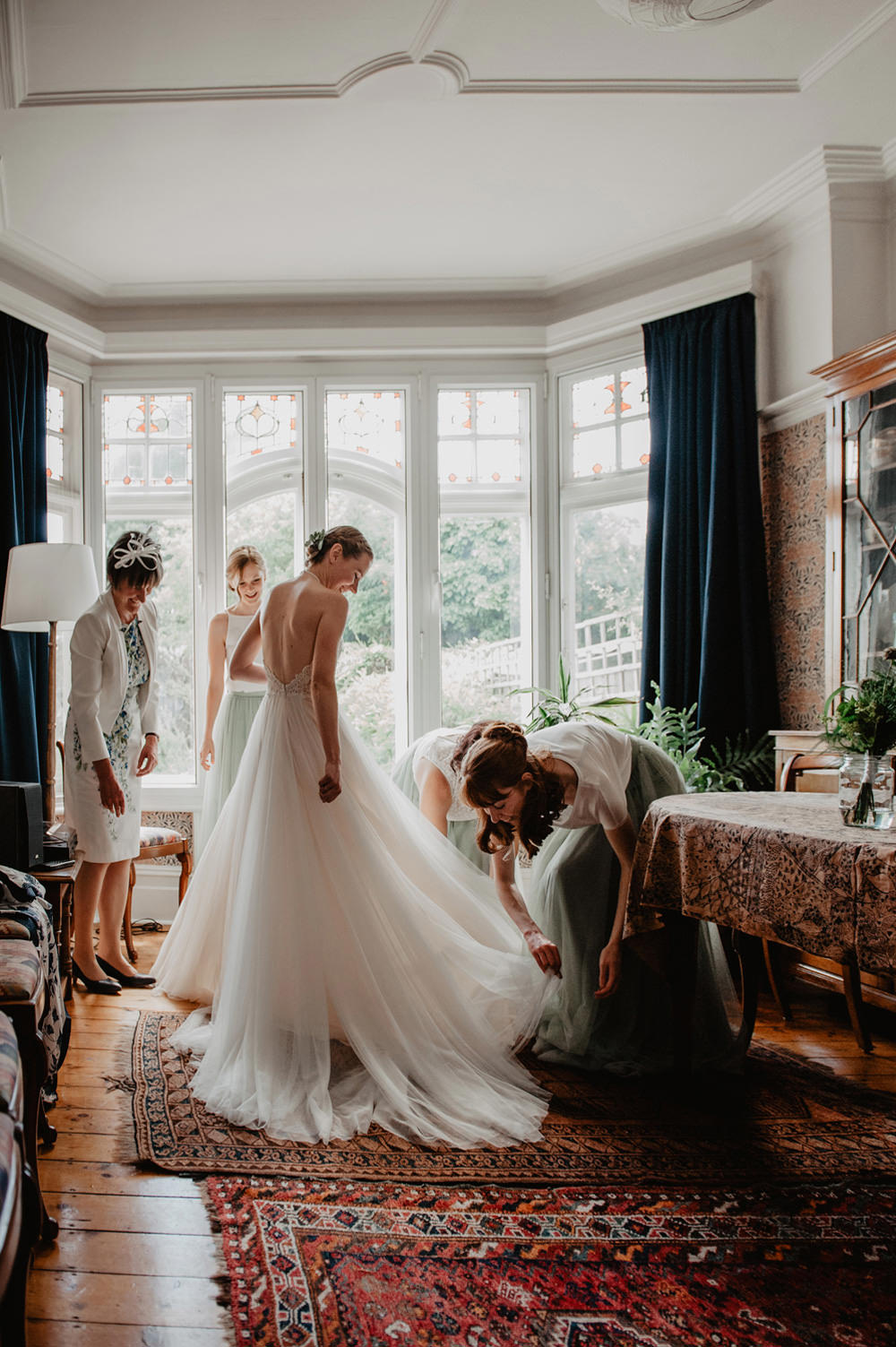 Dress Gown Bride Bridal Halterneck Tulle Skirt Green Ribbon Stour Space Wedding Anne Schwarz Photography
