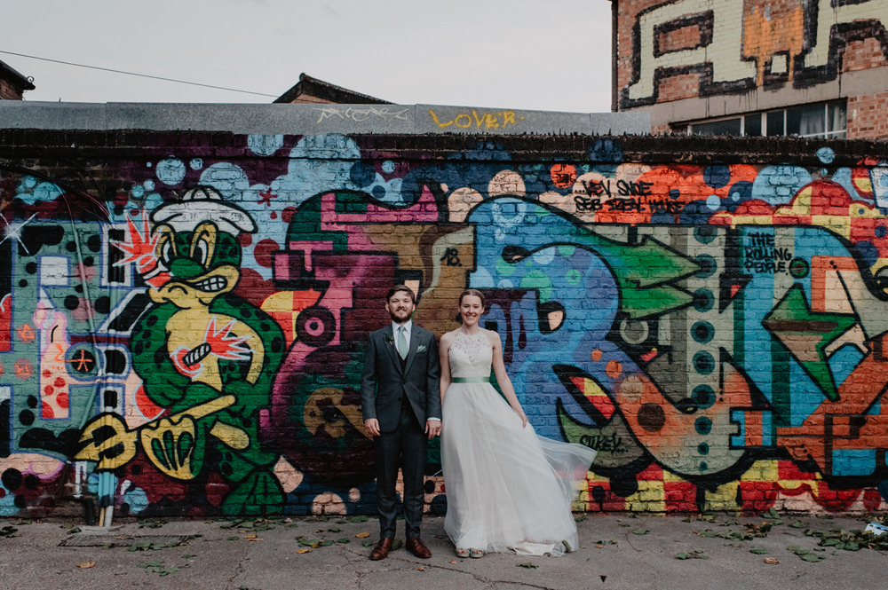 Groom Grey Suit Green Tie Stour Space Wedding Anne Schwarz Photography