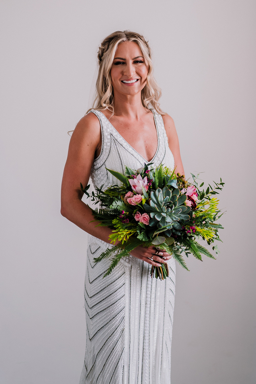 Bride Bridal Beaded Embellished V Neck Dress Gown Succulents Bouquet Tropical Luxe Wedding Burfly Photography