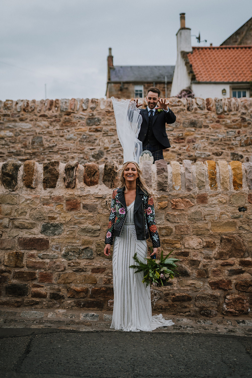 Bride Bridal Beaded Embellished V Neck Dress Gown Succulents Bouquet Floral Leather Jacket Tropical Luxe Wedding Burfly Photography