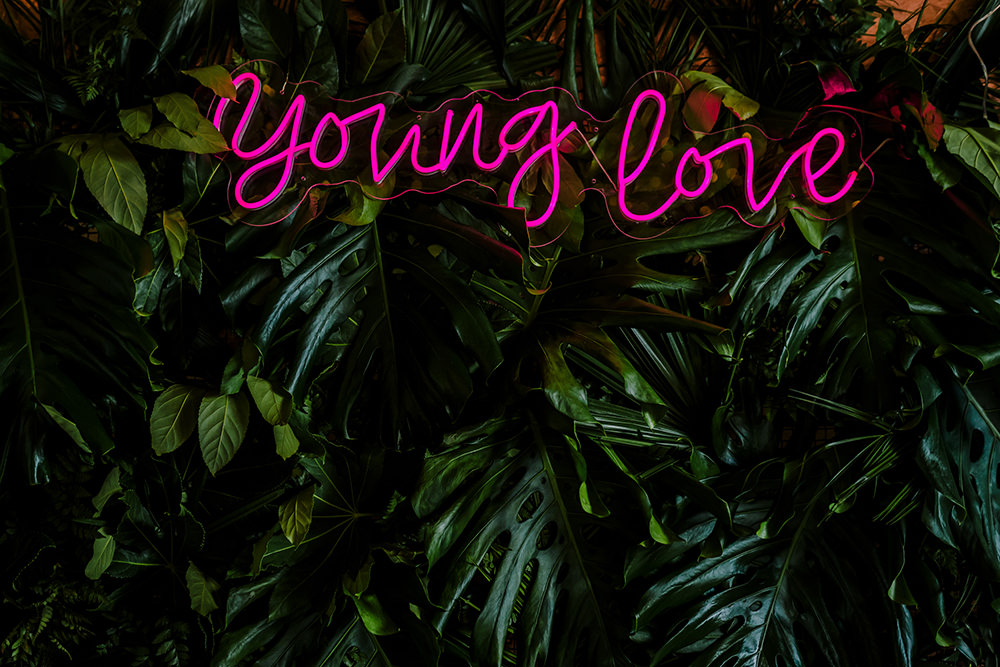 Young Love Neon Sign Greenery Wall Tropical Luxe Wedding Burfly Photography