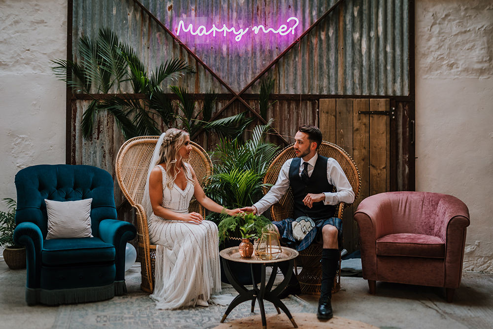 Bride Bridal Beaded Embellished V Neck Dress Gown Succulents Marry Me Neon Tropical Luxe Wedding Burfly Photography