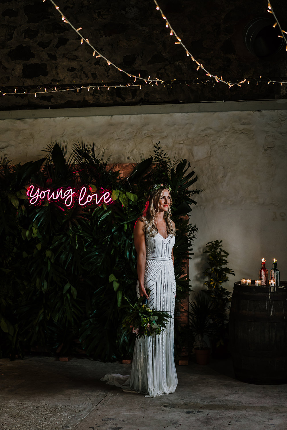 Bride Bridal Beaded Embellished V Neck Dress Gown Succulents Bouquet Young Love Neon Sign Fairy Lights Tropical Luxe Wedding Burfly Photography