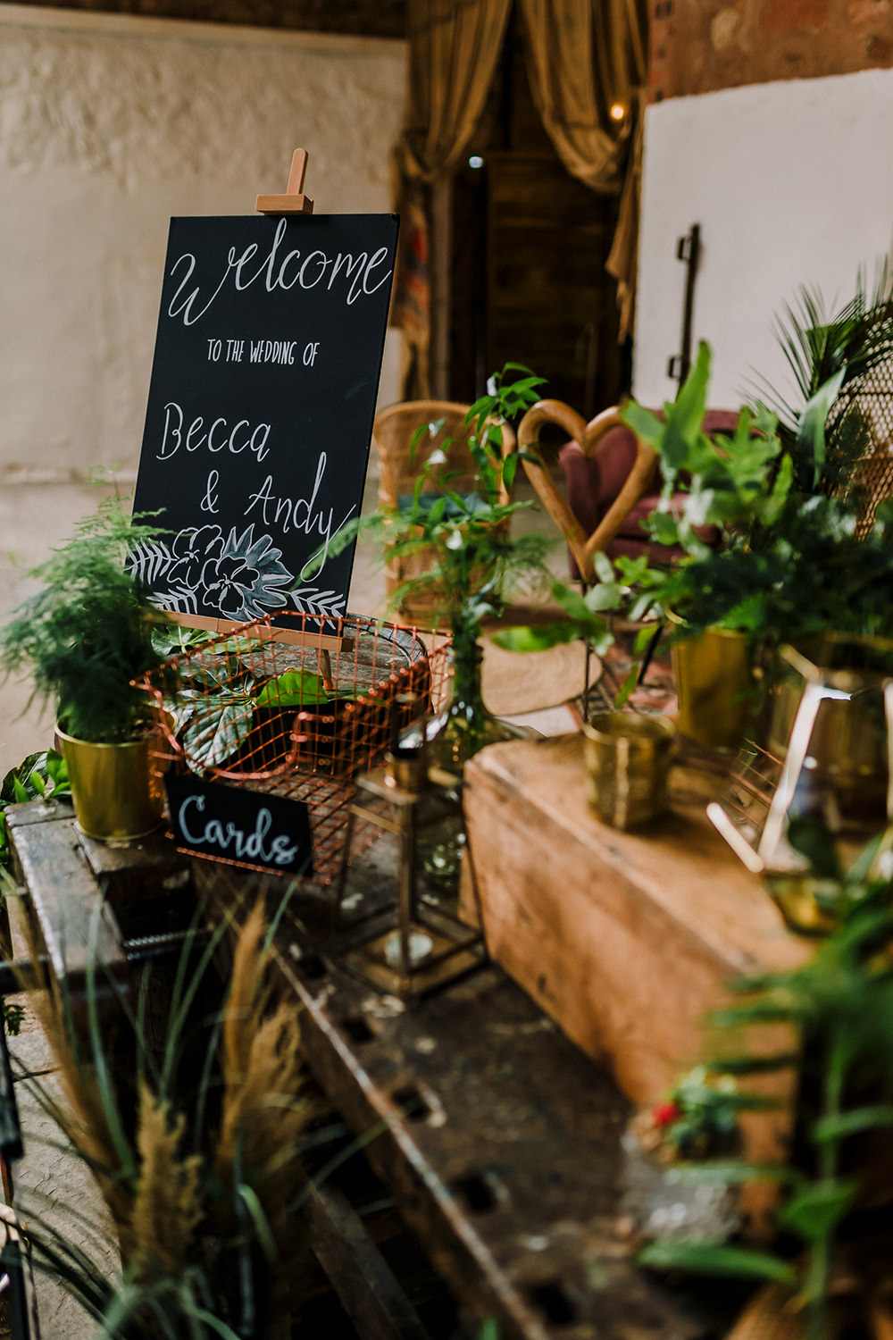 Welcome Chalk Board Sign Greenery Props Cards Basket Tropical Luxe Wedding Burfly Photography