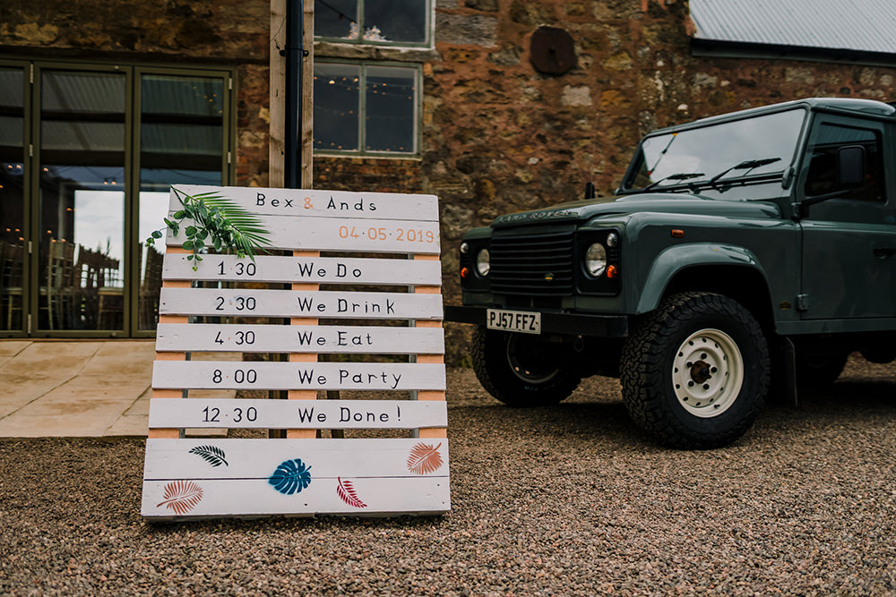 Pallet Order of Day Sign Handpainted DIY Tropical Luxe Wedding Burfly Photography