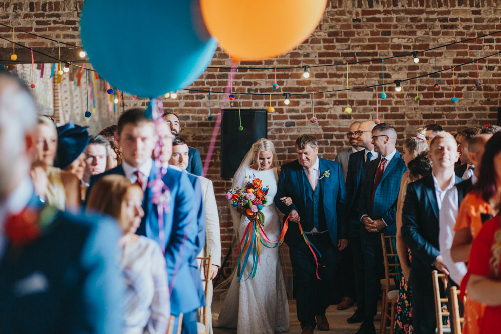 Bride Bridal Pronovias Dress Gown Boat Neck Fitted Colourful Pom Pom Bouquet Waxham Great Barn Wedding Joshua Patrick Photography