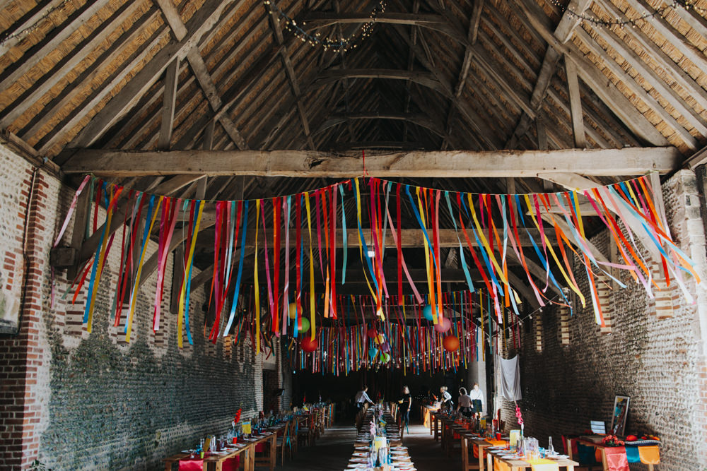 Ribbon Streamers Decor Multicoloured Waxham Great Barn Wedding Joshua Patrick Photography